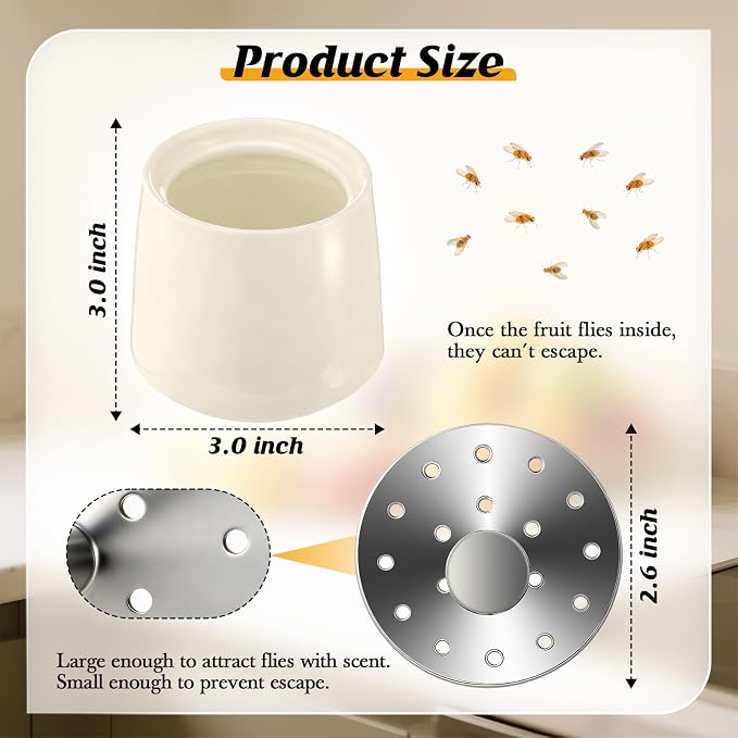 Ceramic Fruit Fly Trap for Indoors, Reusable Kitchen Fly Catcher with Stainless Steel Vent Lid, Uses Safe & Natural Vinegar Bait Trap, Dishwasher Safe, Easy to Use(White,2 Pack)