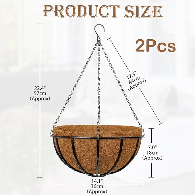 14 Inch Metal Hanging Basket with Coco Coir Liner for Flowers Planting, 2 Pack Hanging Baskets for Plants Outdoor, Round Wire Twisted Planters with Chain for Home Patio Porch Balcony Garden Decor