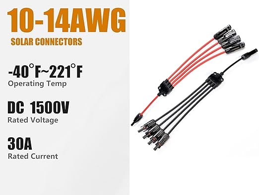 Solar y connector ,Solar Panel Connectors, 4 to 1 Splitter,Y Branch Connectors 1 to 4 Solar Adapter Cable Plug Tool (M/FFFF,F/MMMM) 1500V, 4 Way Parallel, 12/10 AWG ，(Red-Black)length:19.9in(2pcs)