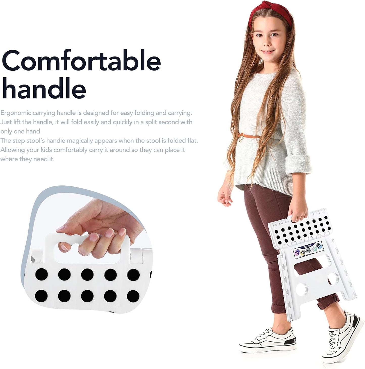 Delxo 13" Folding Step Stool for Kids and Adults, Non-Slip Foldable Step Stools with Handle,Plastic Portable Folding Stool for Bathroom,Bedroom,Kitchen,Hold up to 300lbs White