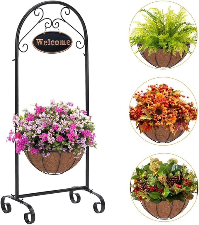 SUNNYPARK Black Metal Welcome Sign Hanging Basket Stand - 40 Inch Decorative Planter Holder for Outdoor/Indoor Plants, Flowers, Herbs - Rustic Garden Decor
