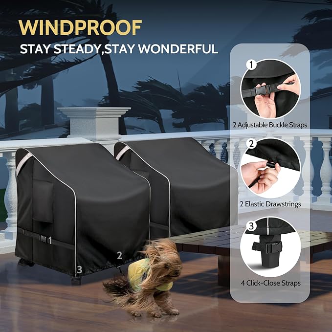 COSFLY Outdoor Patio Chair Covers Waterproof, Heavy-Duty UV-Resistant Furniture Covers, Adjustable Fit with Buckle Straps, Fits Chairs up to 32" W x 37" D x 36" H (2-Pack, Black)