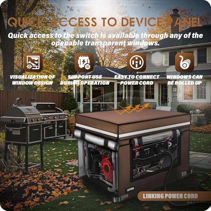 Running Generator Cover. 32"L×24"W×24"H Generator Cover, Top Can Be Opened for Refueling, 900D+210D Heavy Duty Waterproof, PVC Transparent Visual Operation Window, Coffee