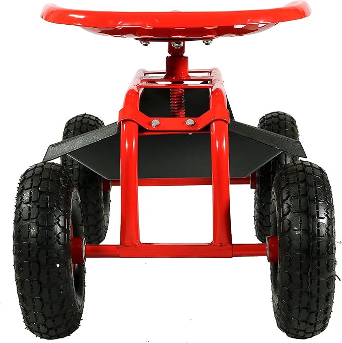 Sunnydaze Rolling Garden Cart with Swivel Seat and Storage - Rolling Garden Seat with Wheels - Gardening Stool with Wheels - Red