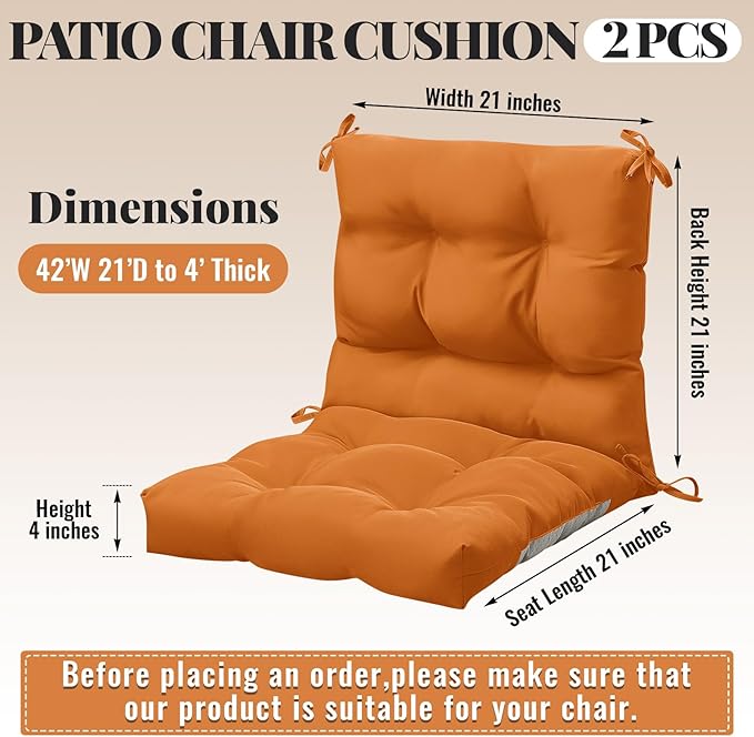 Marsui 2 Pcs Outdoor Indoor High Back Chair Cushions Patio Furniture Tufted Pillow with Ties Water-Resistant Replacement Outdoor Rocking Chair Cushions, 42 x 21 Inches (Orange,Solid Color)