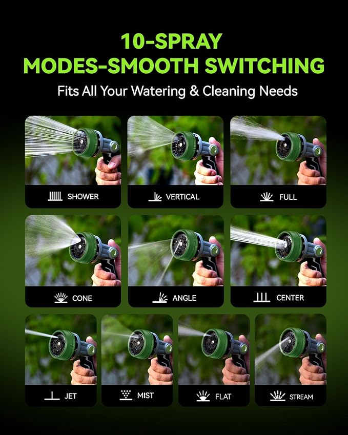 RAINPOINT Full-Metal Garden Hose Nozzle, Heavy Duty Water Hose Nozzle Sprayer With 10 Adjustable Patterns & High Flow,Thumb Control For Flow Adjustment, Ideal For Watering, Washing, Dark Green-2PCS