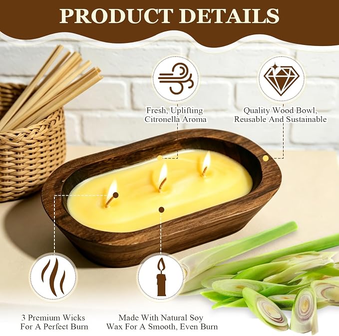SCENTORINI Citronella Candles, Wood Dough Bowl 2 Pack (35oz), 3 Wicks, Natural Soy Wax Infused with Citronella Essential Oil, Summer Fresh Scent for Outdoor Indoor Patio Camping Balcony