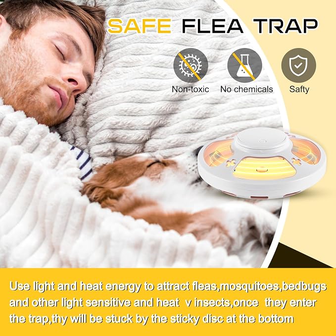 4 Pcs Flea Traps for Inside Your Home with 8 Sticky Pads, Bed Bug Tick Killer Flea Light Gnat Traps Pest Control, UV Night Light Bug Catcher for Bugs Moths Gnat Indoor and Outdoor(White)