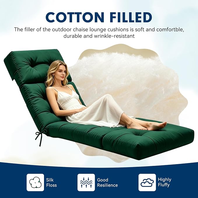 Non-Slip Outdoor Chaise Lounge Chair Cushion, Waterproof 74.4 x 22 x 4.7 Inches Lounge Chair Cushions for Outdoor Patio Furniture with Ties, Pool Chaise Lounge Cushions Replacement, Green
