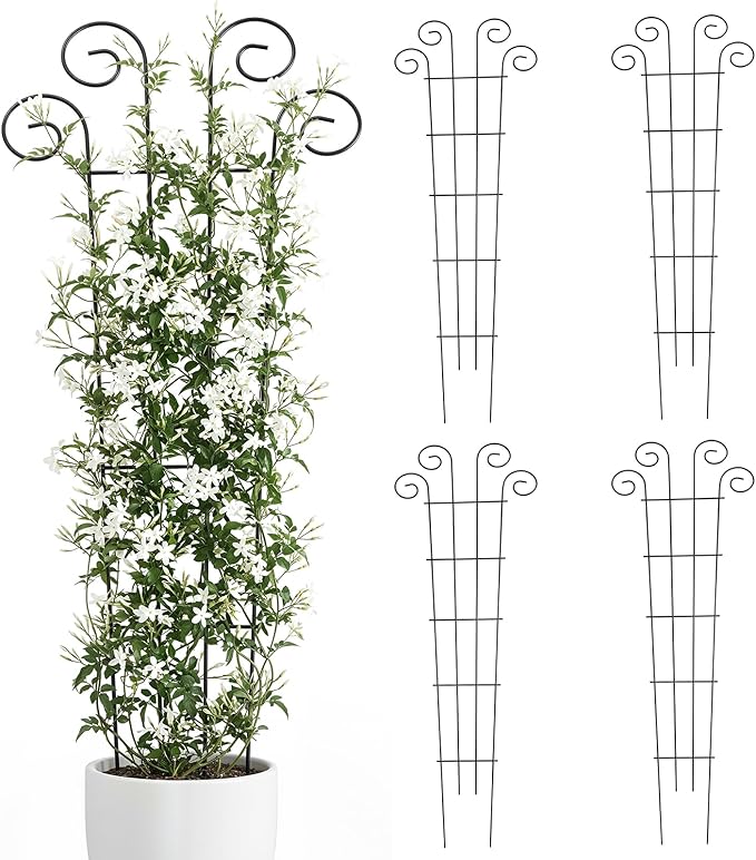 Thealyn 4 Pack 56 Inch Plant Trellis for Potted Plants, Metal Garden Trellis for Climbing Plants, Indoor Outdoor Decorative Vine Support for Pots, Wave Shape, Black