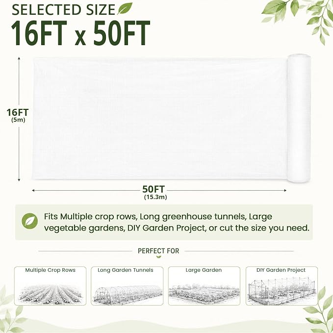 16x50Ft Garden Netting, Fine Mesh Insect Netting for Plant Protection | Mosquito Bug Bird Barrier Mesh Cover Insect Barrier for Raised Beds, Greenhouses Vegetables Fruits Flowers Raised Bed
