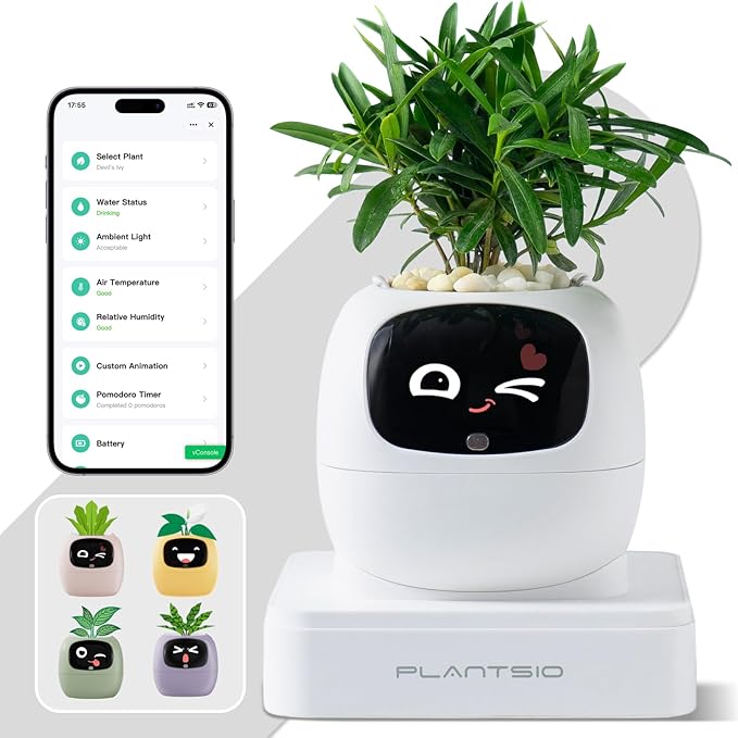 Smart Planter with App Control, Self-Watering AI Plant Pot with LCD Display, Interactive Desk Plant Companion for 100+ Plants, Smart Indoor Planter with Pomodoro Timer,80ml Reservoir,Calendar-White