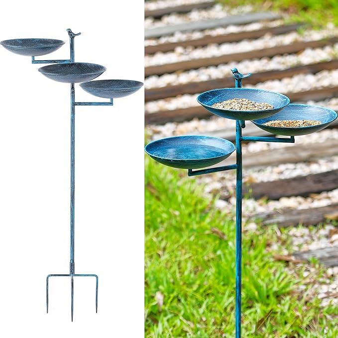 44" H Bird Bath and Feeder for Outdoors, 3 in 1 Free Standing Metal Birdbaths with Cast Iron Bird 4-Prong Stake Base for Outdoors Yard Garden Patio, Blue