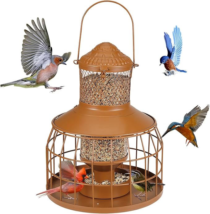 Squirrel Proof Bird Feeders, Metal Wild Bird Feeders for Outdoors Hanging, 3.5LB Heavy Duty Caged Squirrel Proof Bird Feeders, Chew-Proof, Weather Resistant, Patio Backyard Garden Decor