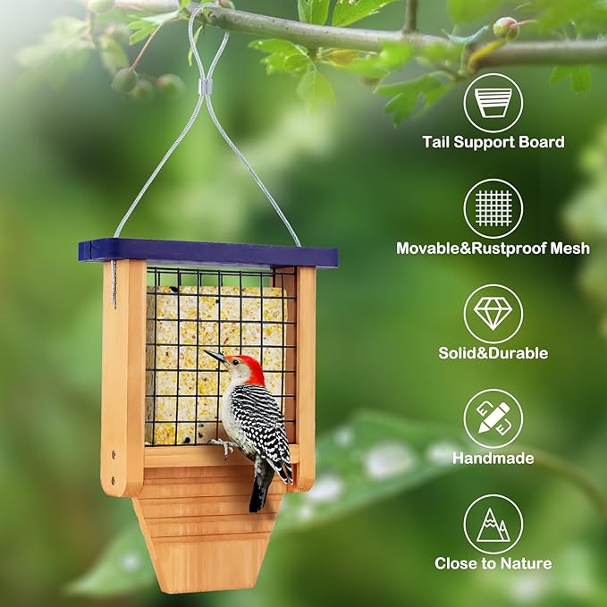 Gbekery Wooden Suet Bird Feeder for Outside Hanging, Woodpecker Suet Feeder with Tail Prop, Hanging Bird Feeder for Wild Birds, 1 Pack, Blue