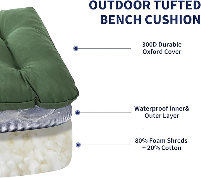 IPYNBAP Outdoor Bench Cushion, 59x18x5 Inch, Waterproof Bench Cushion for Outdoor/Indoor Furniture, Tufted Patio Bench Seat Cushion, Fade Resistant Outdoor Cushions for Porch Swing Couch, Dark Green