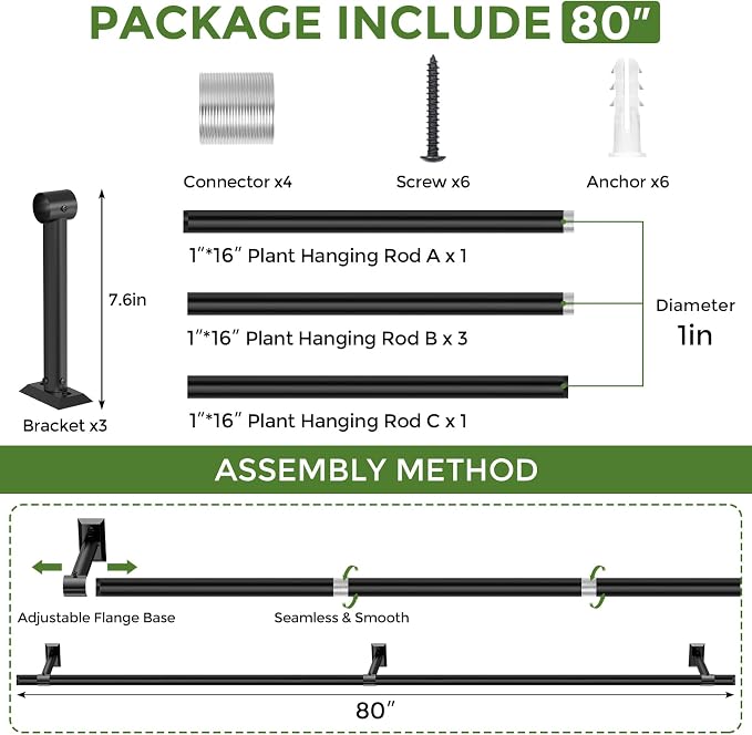 Window Plant Hanger for Indoor Plants, 80 Inch Hanging Plant Rod, 1 Inch Diameter Metal Rod, Hanging Plant Holder for Window Wall, Matte Black, Square Flange Base, Pots Not Included