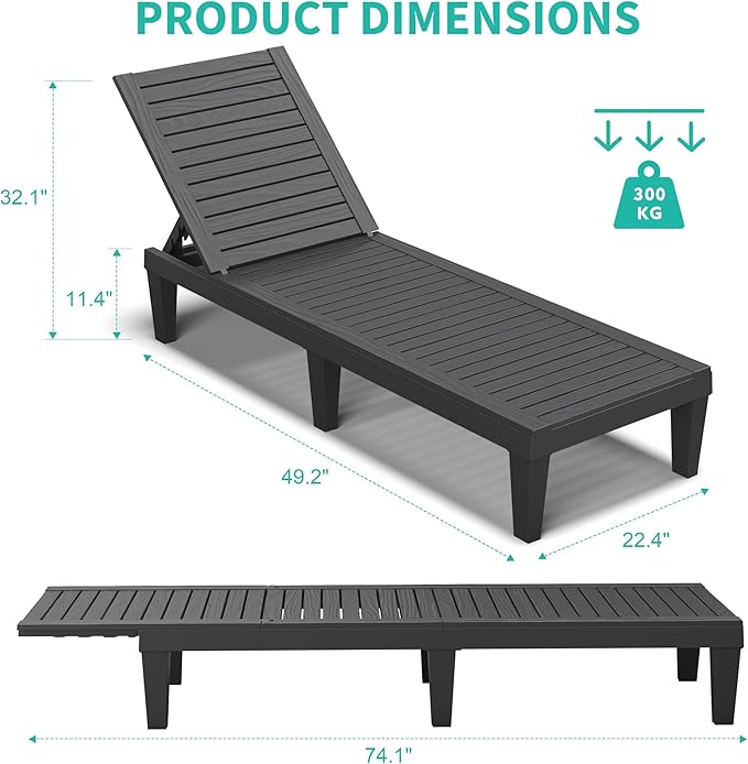 Outdoor Chaise Lounges Set of 2, NUNU LAB 5-Position Adjustable Patio Recliners with All-Weather Resin, Sun Loungers for Deck, Garden, Beach, Pool Sunbathing (Grain Black) (Black Wood Grain, Set of 2)