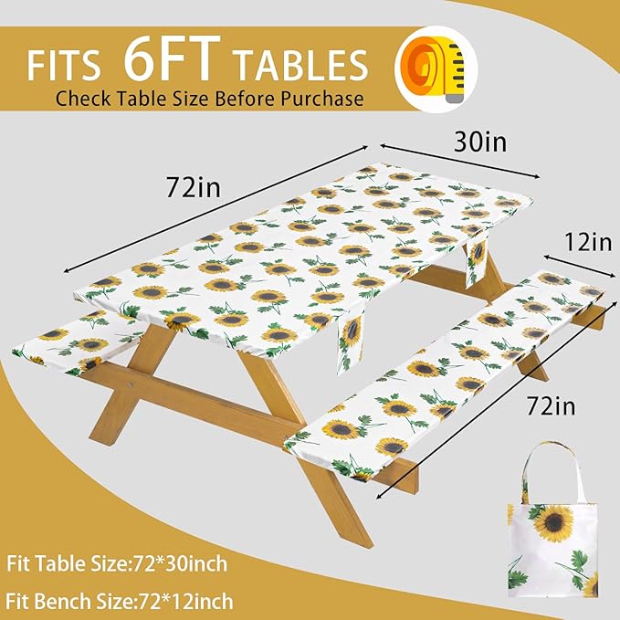 Fitted Waterproof Picnic Table Cover with Bench Covers Heavy Duty Elastic Outdoor Camping Tablecloth for 6 Foot Rectangle Tables Summer Rv Accessories Patio Garden Road Trip Essentials Gifts