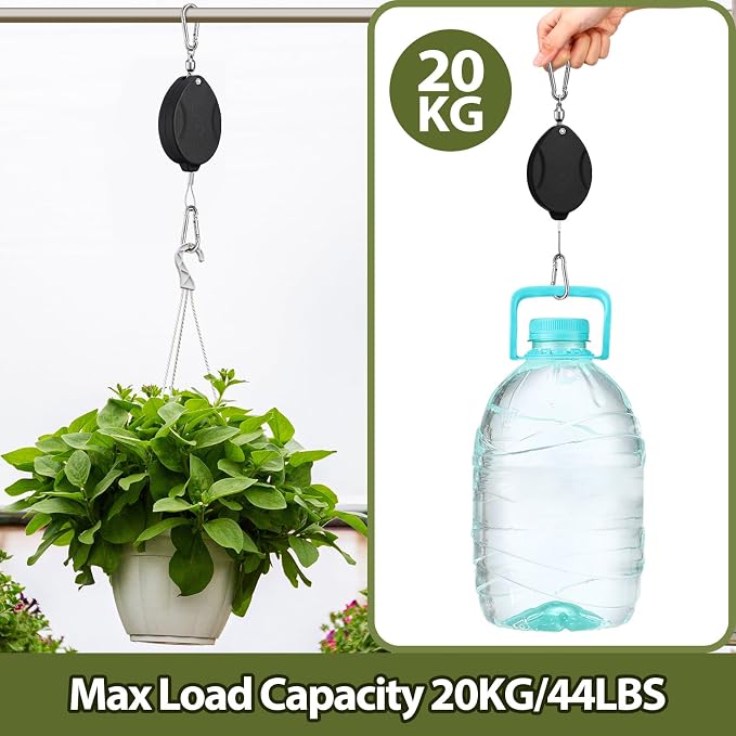 Leinuosen 4 Pack Upgraded Plant Pulleys for Hanging Plants Heavy Duty Retractable Plant Hanger, 304 Stainless Steel Rope Adjustable Climbing Hook for Garden Baskets Pots, Birds Feeder (Black)