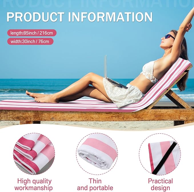 Fumete 2 Pack Lounge Chair Covers 30 x 85 Inch Pool Chaise Lounge Towels Microfiber Beach Chair Towel Portable Striped Outdoor Patio Furniture Cover for Sunbathing Picnic Spa(Pink and Dark Pink)
