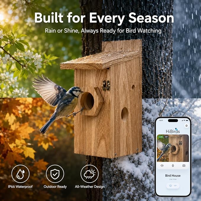 Smart Bird House with Camera, Wooden Birdhouse for Outdoor Bird Watching, App Live View, Color Night Vision, Motion Detection, 2-Way Audio, Waterproof Bird Nesting Box