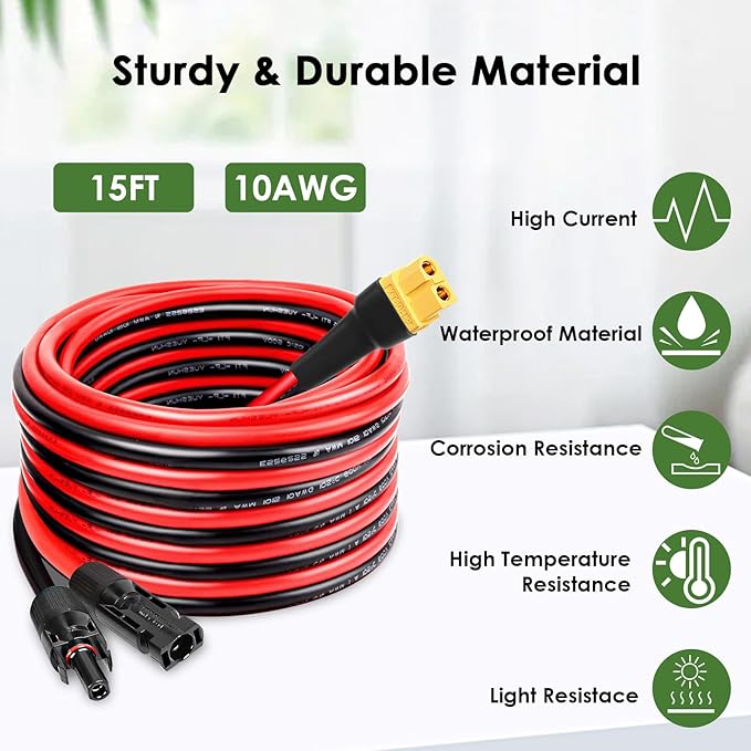 MOOKEERF Solar to XT60 Extension Cable 10AWG 15FT Solar Connector to XT60 Adapter Cable for Solar Panel to Portable Power Station Solar Generator Battery Pack