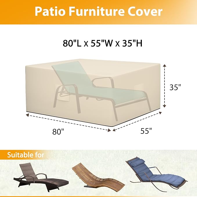 HDCAXKJ Patio Furniture Covers Waterproof Outdoor Chaise Lounge Cover Heavy Duty Lounge Chair Cover with Zipper Weatherproof Patio Pool Chairs Sofa Protector (80"L x 55"W x 35"H, Beige & Brown)