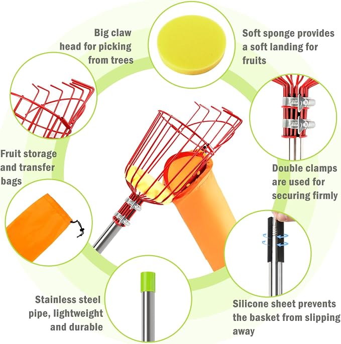 UQM 12.8FT Fruit Picker Pole with Basket Harvest Bag, 40-154 Inch Adjustable Length Apple Picker Pole with Basket, Portable Fruit Picker Basket for Apples Oranges Figs Mangoes Pears