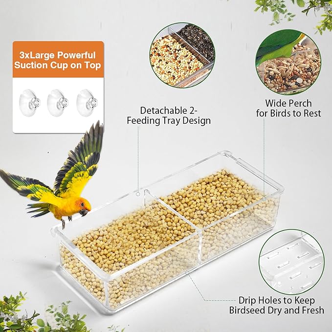 Window Bird Feeder with 3 Extra Strong Suction Cups, Clear Birdfeeders Bird House for Outdoors Window Viewing Outside, Removable Tray Birdhouse