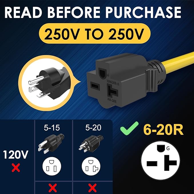 10 AWG Heavy Duty NEMA 14-50p to 6-20R 250 Volt 4-Prong 50 Amp to 20 Amp Adapter T-Blade Compatible with Generator Level 2 EV Charging Wall Socket 10/3 AWG 1FT