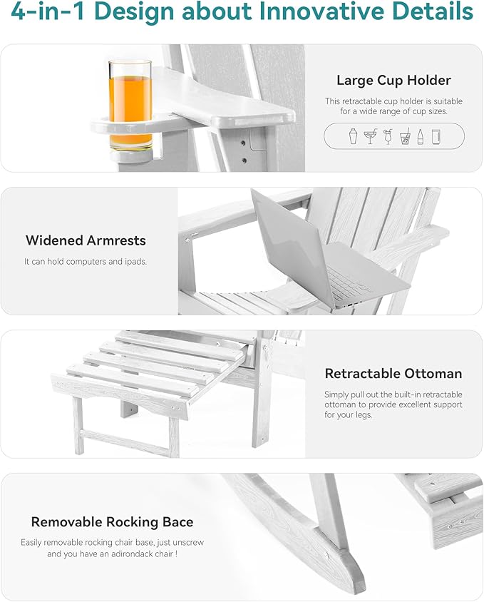 Adjustable Adirondack Rocking Chair with Retractable Ottoman, 4-in-1 Multifunctional Folding Patio Chair with Cup Holder, Outdoor Chair Wood Texture for Lawn,Porch, Backyard,Pool(White)