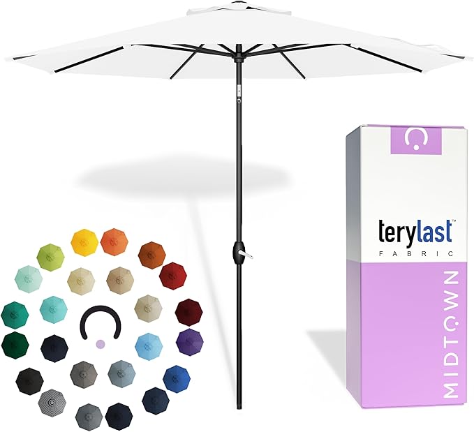 Midtown Umbrellas - 10-Year-No-Fade 6 Ft Patio Umbrella with Terylast Fabric, Auto-Tilt Aluminum Frame and 8 Reinforced Ribs for Deck, Pool, Garden & Beach - Ivory White Canopy, Black Pole