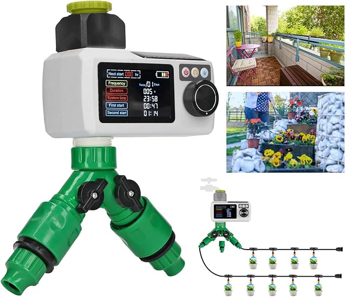 Solar Irrigation Timer, Rain Detection Solar Powered Digital Watering Timer Double Connector IP68 Automatic Watering System for Lawn Garden Courtyard Greenhouse