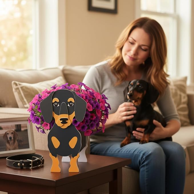 Black and Tan Dachshund Dog Planter Plant Pots,Cute Dog Flower Planter,Gifts for Pet Lovers,Unique Animal Plant Pots,Office,Indoor Outdoor Garden Decor(9.45 * 7.5 * 13.39in)