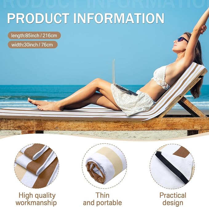 Fumete 2 Pack Lounge Chair Covers 30 x 85 Inch Pool Chaise Lounge Towels Microfiber Beach Chair Towel Portable Striped Outdoor Patio Furniture Cover for Sunbathing Picnic Spa(Beige and Camel)