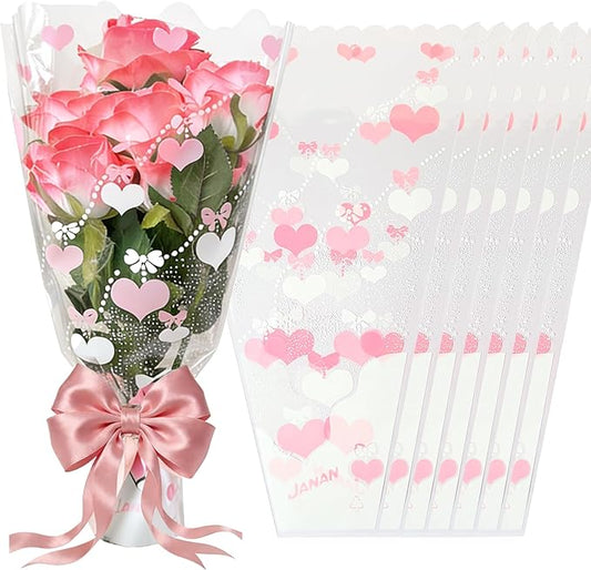 SELANTAG 100 Pack Pink Heart Clear Flower Bags for Bouquets,Valentine's Day Heart Flower Bouquet Bags, Floral Wrapping bag, Sleeves Perfect for Mother's Day, Wedding (10.6in x 17in x 3.9in)
