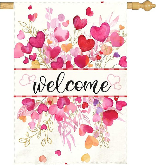 Valentines Day Garden Flag Welcome Heart Large Double Sided House Banner Romantic Red Pink Love Hearts Yard Flags for Porch Patio Lawn Farmhouse Wedding Anniversary Party Decor 28x40 Inch