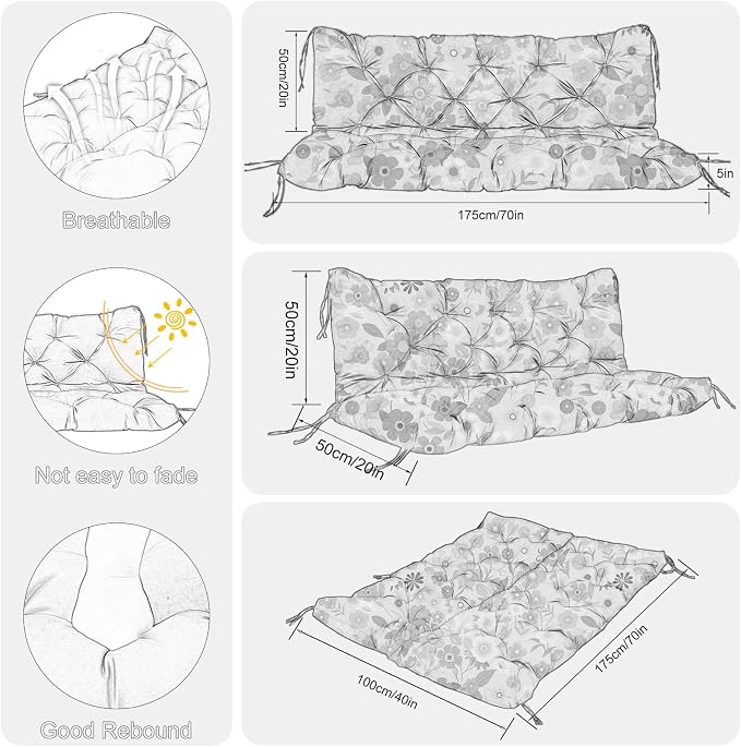 Porch Swing Cushions Outdoor 70 inch x 40 Waterproof Swing Cushions 3 Seater Replacement with Backrest & 8 Ties 5" Thick Bench Swing Cushions for Outdoor Furniture Patio(Yellow Flowers)