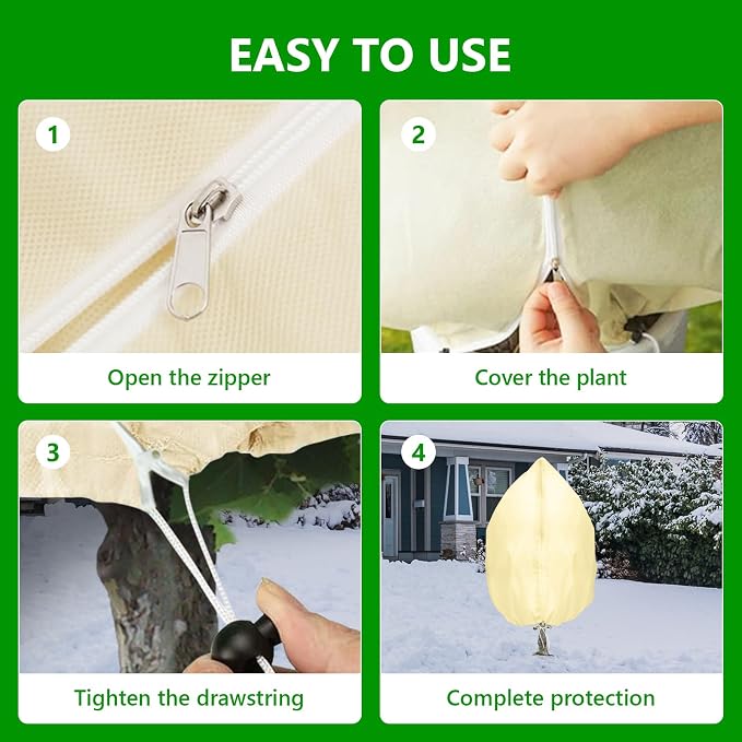 4-Pack Plant Covers Freeze Protection, Round Frost Blankets for Outdoor Plants (32"x48") – Winter Plant Covers, 2.4oz/yd² Frost Cloth Plant Protection for Trees, Shrubs & Potted Plants (Beige)