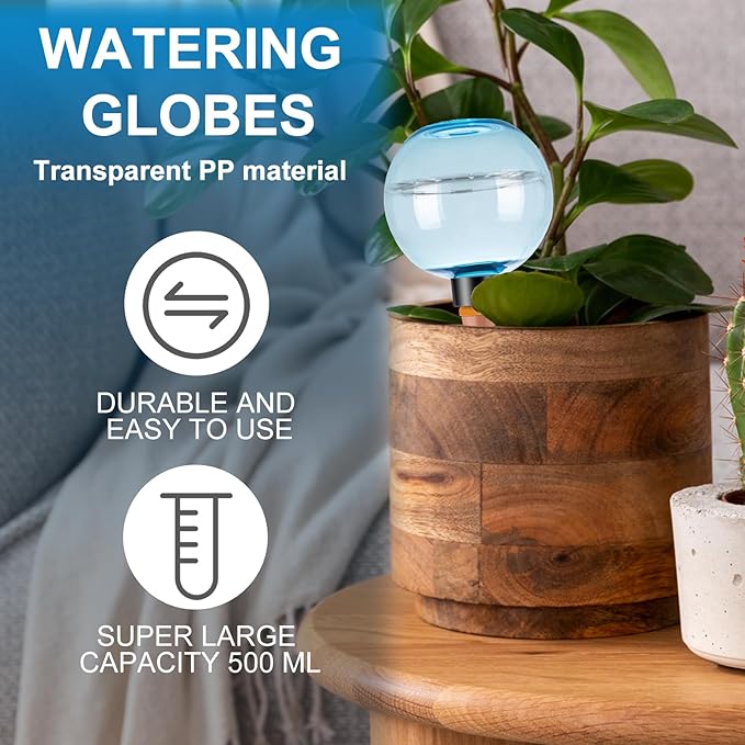 4 Pack Self Watering Globes 17oz Large Plant Watering Globes Top Fill, Self Water Planter Insert Indoor/Outdoor Plastic Water Bulbs Slow Release Terracotta for Plants, Blue
