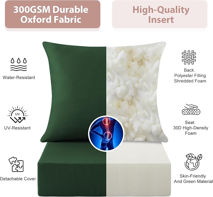 Outdoor Deep Seat Cushion Set, 24x24 Inch Water-Resistant & Fade-Resistant Outdoor Chair Cushions, Patio Furniture Cushions with Removable Cover for Patio Chair, Sofa, Forest Green (Set of 6)