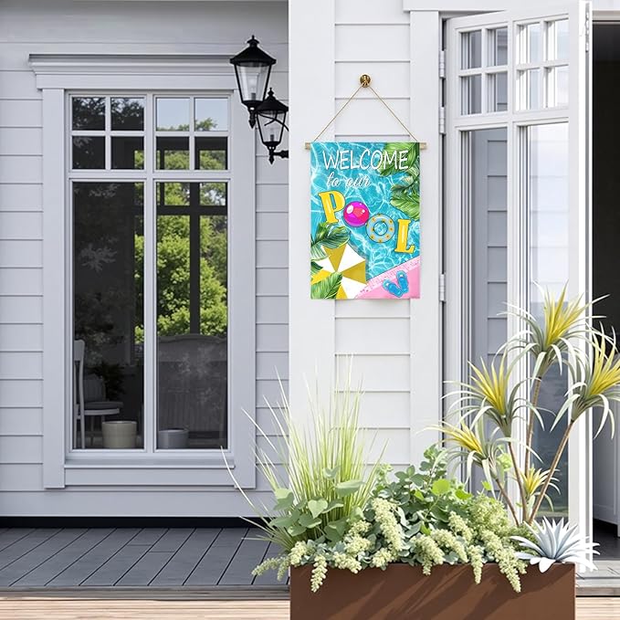 Welcome to Our Pool Garden Flag Vertical Double Sided Summer Swimming Pool Yard Flag Palm Leaf Parasol House Flags 28 x 40 Inch Holiday Party Seasonal Farmhouse Banner Outdoor Decor