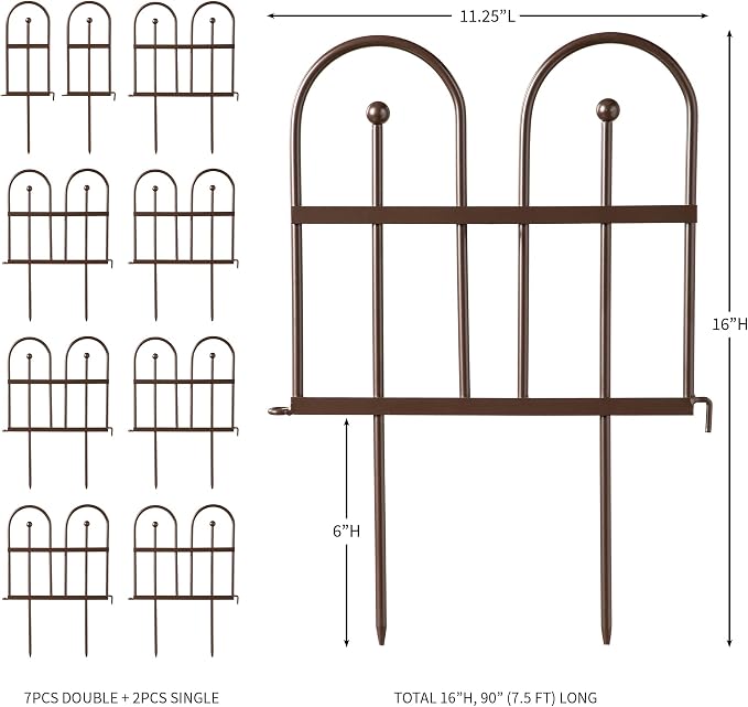 Evergreen Iron Garden Fence Edging 10" Tall Above Ground, 7.5 feet Long for Flower Bed, Yards, Lawn | Decorative Edging | Rustproof Gunmetal Finish | Decorative Fencing