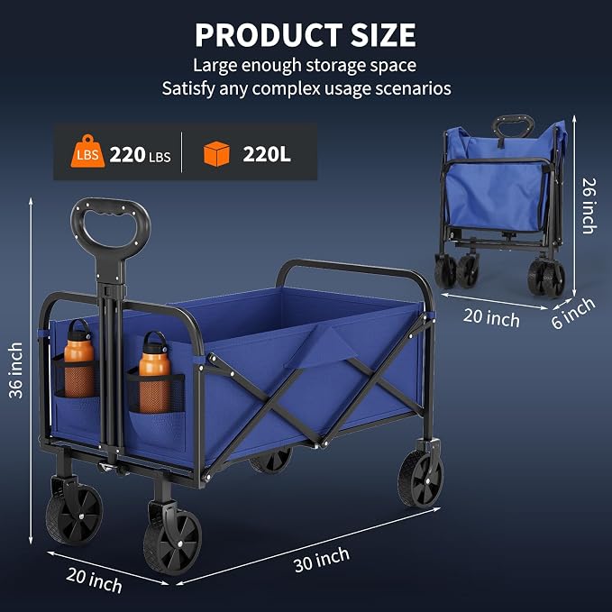 Garvee Wagons Carts Foldable, Garvee Utility Collapsible Wagon with All-Terrain Wheels, Drink Holders & Adjustable Handle, 220 LBS Portable Grocery Wagon for Shopping, Camping, Garden -Blue