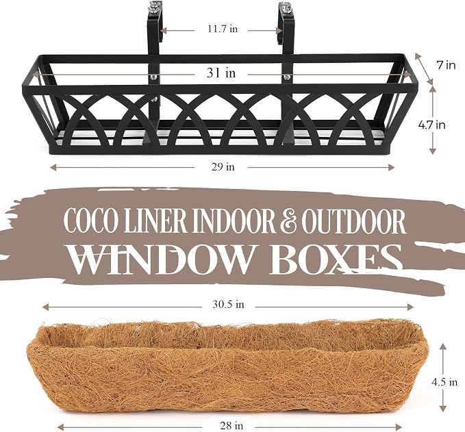 2 Pack 32IN Window Box Railing with Adjustable Brackets, Hanging Flower Planter Basket with Coco Liner for Outdoor Balcony Porch Fence Patio (Black)