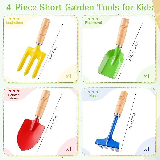 8 Pcs Kids Gardening Tools, Long Shovel, Rake for Leaves, Spade, Hoe, Steel Heads and Real Wood Handle, Yard Tools for Children Toddlers Gifts