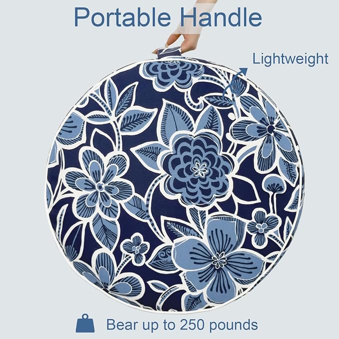 LVTXIII Indoor/Outdoor Inflatable Ottoman with Handle D21 x H9 Inch, Weather-Resistant Round Footstool Pouf for Patio Camping Living Room, Portable Footrest Extra Seating, Flower Navy