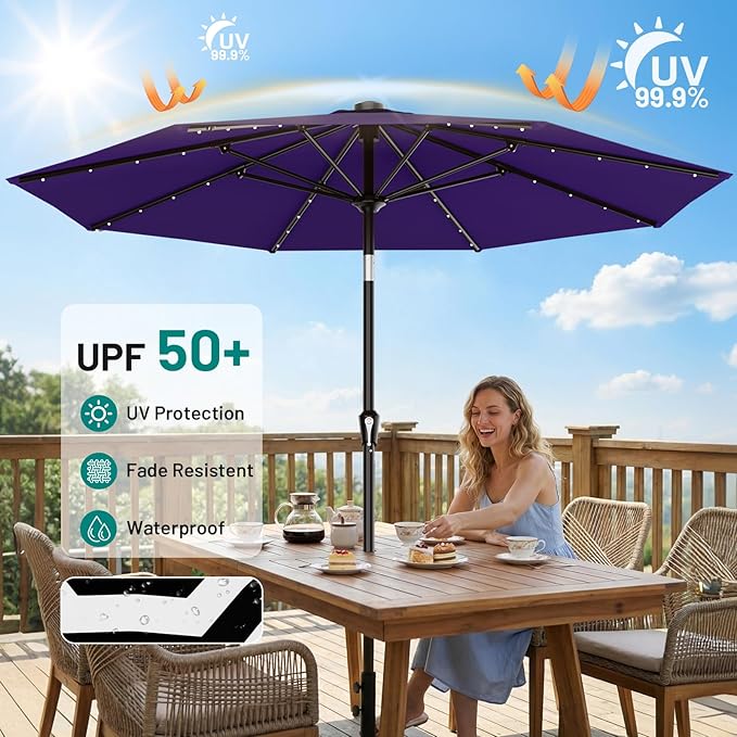 AreShark 9FT Patio Umbrella for Outdoor, Lighted Pool Umbrella w/Tilt and Crank, Outdoor Uumbrellas for Patio, Garden, Deck, Backyard, Pool and Beach, Deep Purple