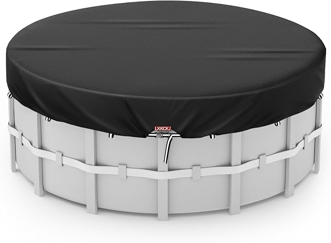 LXKCKJ 10 Ft Pool Cover for Above Ground Pool, Round 420D Solar Oxford Tarp | 100MPH Windproof with 2 Buckles and & Weight Rings, 634N Tear-Resistant, Waterproof 10000PA, UV Protection, Cuts Evaporation
